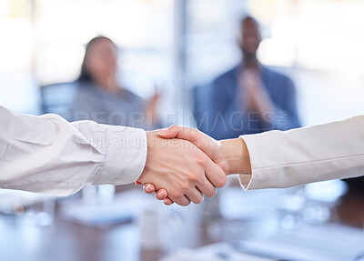 Buy stock photo Handshake, teamwork and b2b partnership, agreement or deal, contract or onboarding. Thank you, welcome and business people shaking hands for collaboration, hiring or crm, recruitment or greeting.