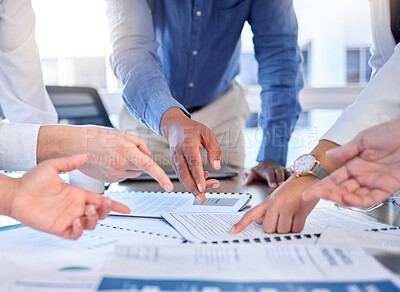 Buy stock photo Documents, teamwork and hands pointing in office for planning sales strategy. Cooperation, collaboration and group of business people with report, paperwork or information in meeting for research.