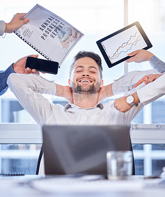 Buy stock photo Relax, hands and business man with multitask, time management and office balance stretching at desk. Calm worker, happy person or manager stress relief for technology, documents or workplace chaos