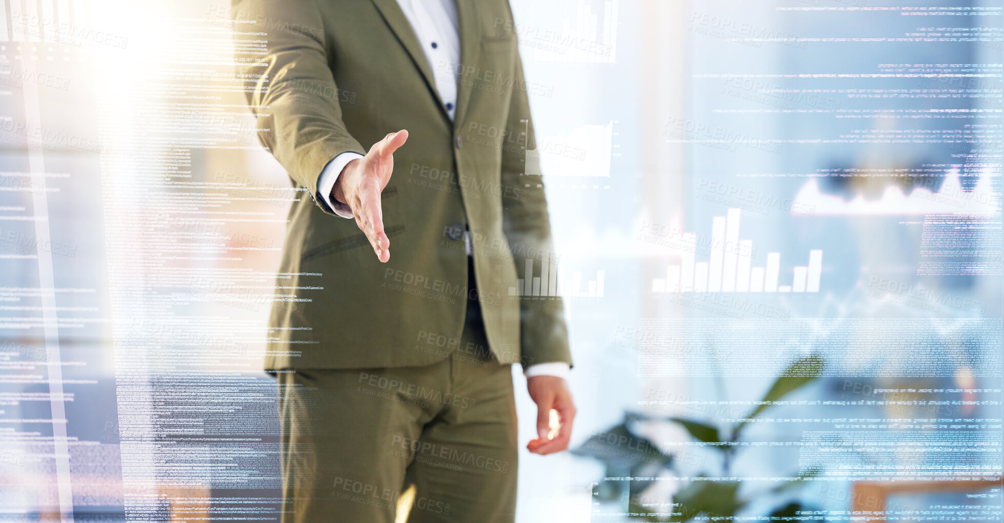 Buy stock photo Handshake, overlay and finance with a business man meeting in the metaverse for future innovation. Partnership, accounting and data with a male employee shaking hands on a virtual hologram dashboard