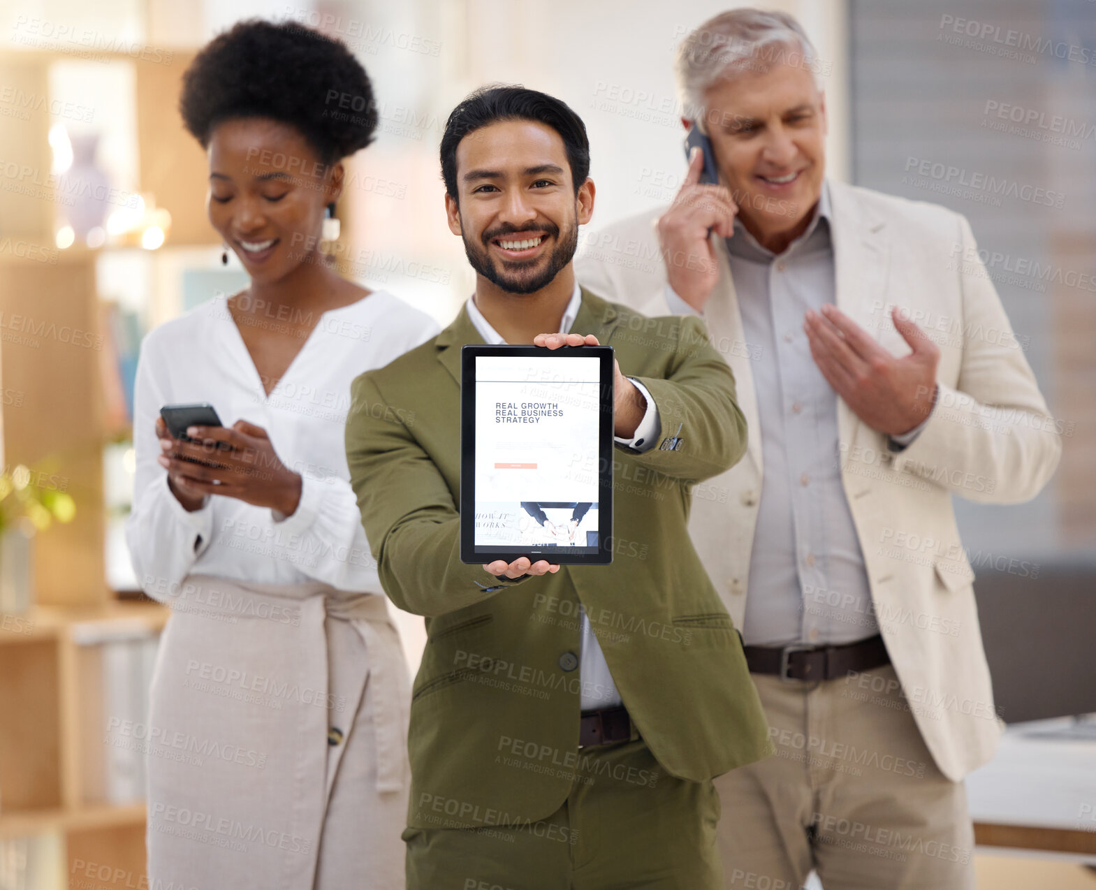 Buy stock photo Happy executive man, tablet and portrait with team, communication expert and senior businessman. Business people, black woman and mobile touchscreen app with planning, strategy and goals in office