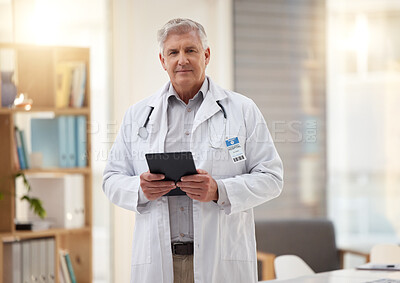 Buy stock photo Tablet, hospital and portrait of senior doctor online for research, telehealth and medical consulting. Healthcare clinic, insurance and man on digital tech for patient data, wellness app and internet