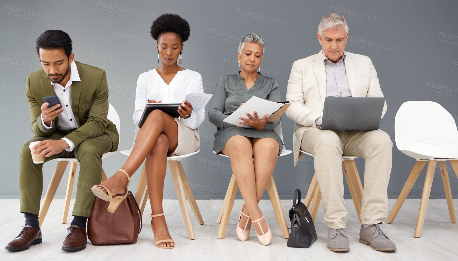 Buy stock photo Human resources, technology and business people waiting in line for an interview during recruitment. Hiring, resume or cv with a man and woman employee sitting in an hr candidate line for opportunity