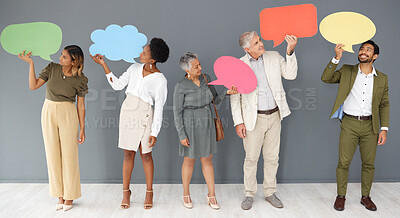 Buy stock photo Comment, question and mockup with business people and speech bubble for logo, social media and forum. Opinion, vote and branding with group and chat sign for idea, communication and text message icon