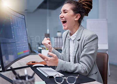 Buy stock photo Celebration, trading and business woman celebrating successful stock market and good news in cryptocurrency. Data, success and winner employee working on growth for investment finance on a computer