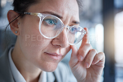 Buy stock photo Business woman confused, vision and glasses, face and focus, prescription lens fail and problem. Optometry, health for eyes and adjust spectacles, eye care and reading, thinking and serious female