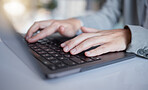 Closeup, business and hands typing, laptop and connection to search online, check website and planning. Zoom, female employee and administrator with device, signal or internet for digital information