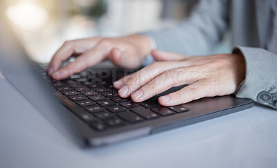 Buy stock photo Closeup, business and hands typing, laptop and connection to search online, check website and planning. Zoom, female employee and administrator with device, signal or internet for digital information