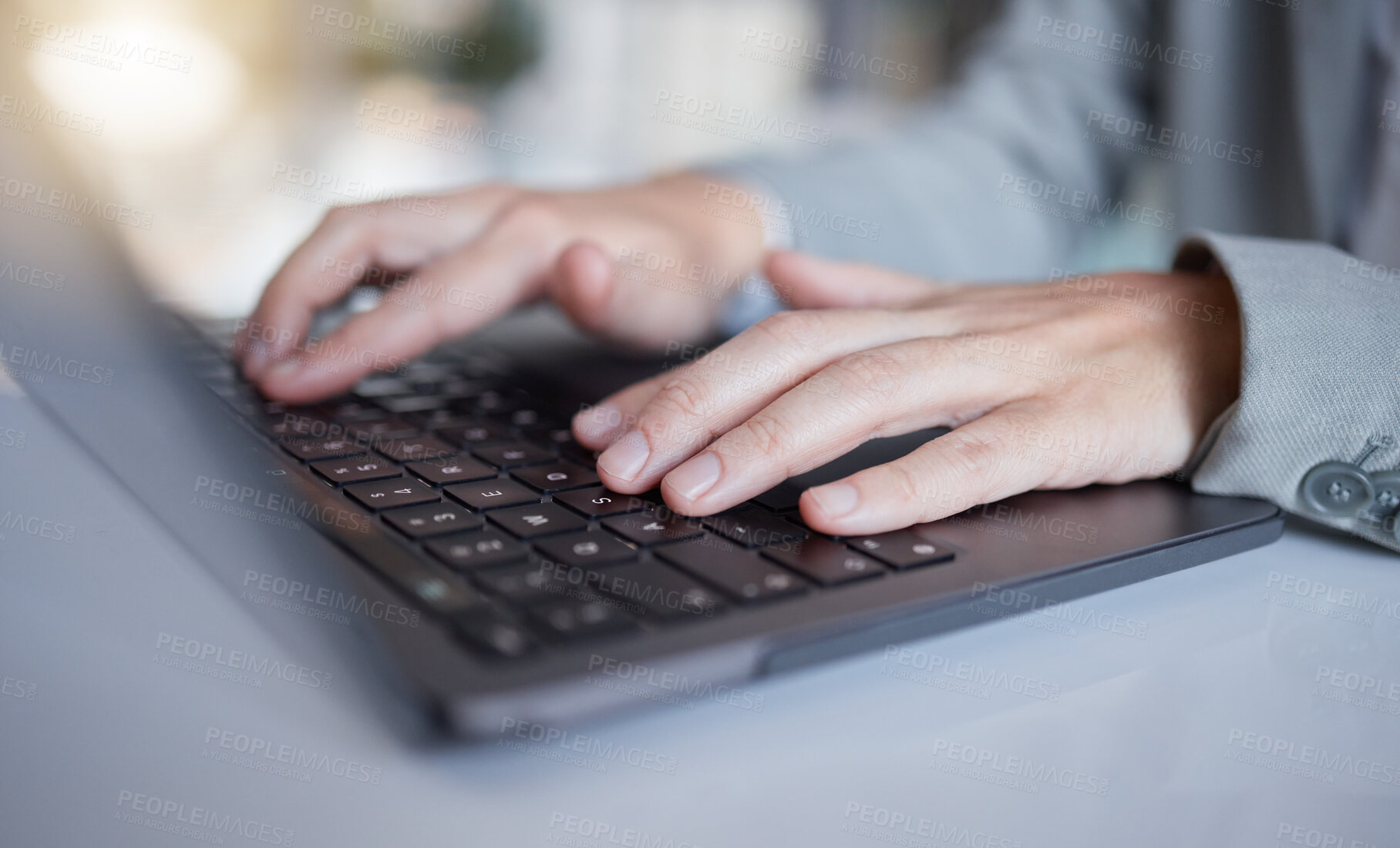 Buy stock photo Closeup, business and hands typing, laptop and connection to search online, check website and planning. Zoom, female employee and administrator with device, signal or internet for digital information