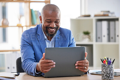 Buy stock photo Happy, senior and businessman hands on laptop in office for celebration, good news or email. Smile, excited and mature ceo reading reviews, results or proposal for startup, company or loan approval