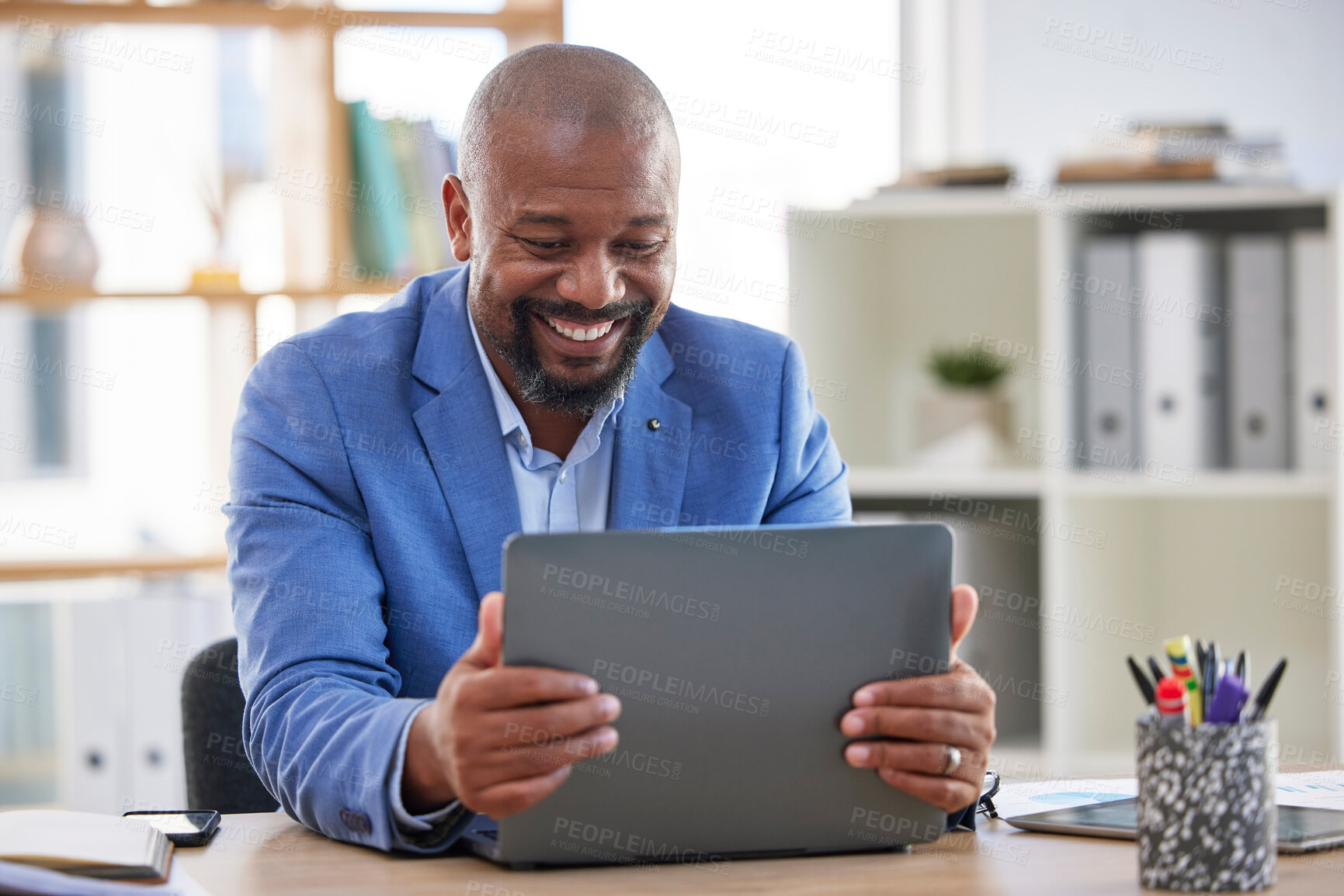 Buy stock photo Happy, senior and businessman hands on laptop in office for celebration, good news or email. Smile, excited and mature ceo reading reviews, results or proposal for startup, company or loan approval