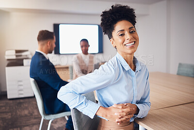 Buy stock photo Corporate, happy and portrait of a woman in a meeting, workshop or seminar with colleagues. Business, cheerful and employee laughing in a boardroom for training, a conference and group coworking
