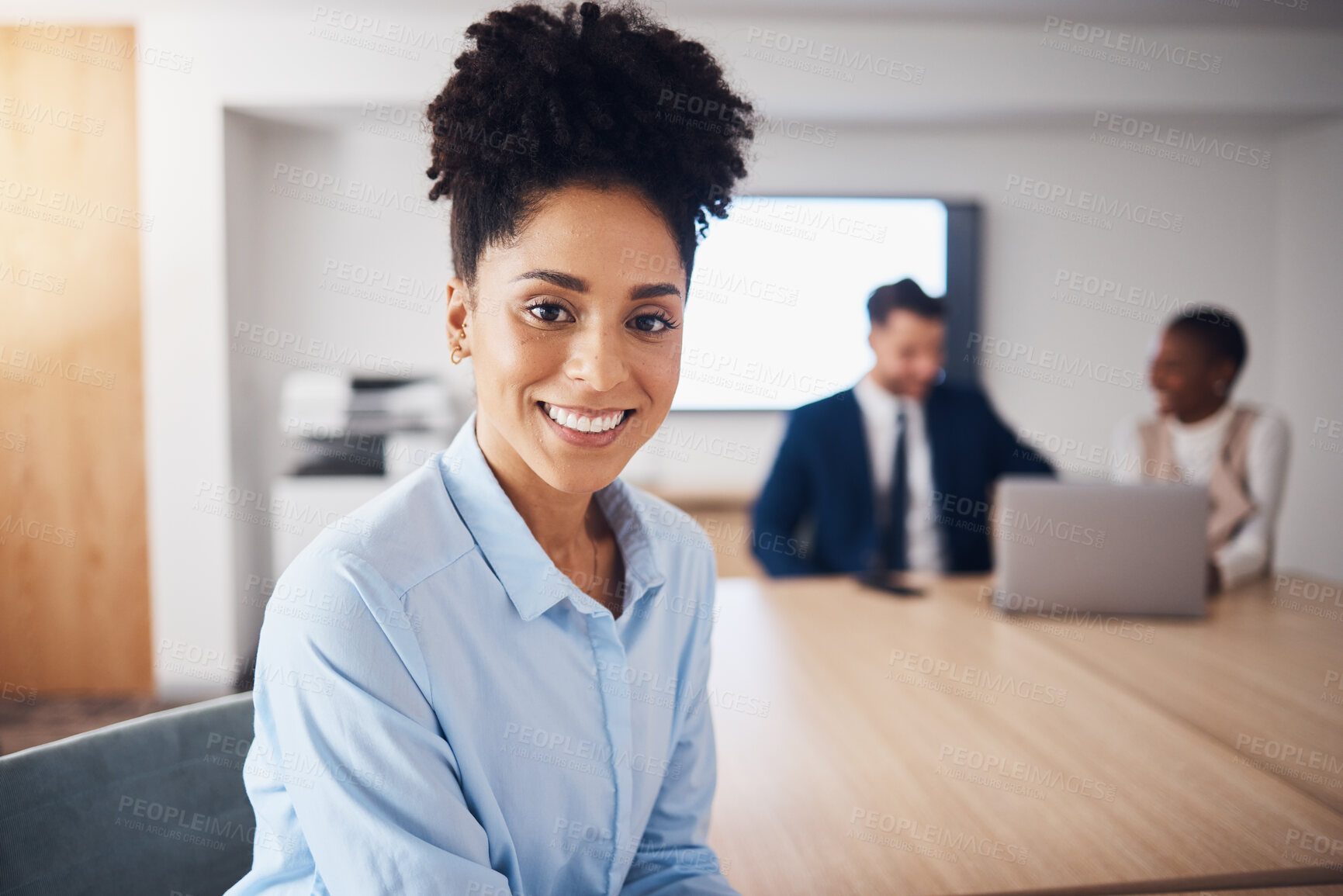 Buy stock photo Portrait of happy black woman for professional leadership, mindset and planning in conference room. Young employee, worker or corporate person with employees management, workflow and career mindset