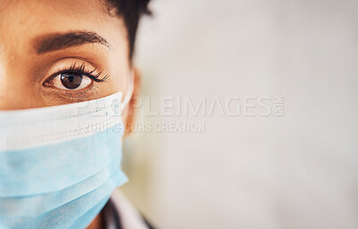 Buy stock photo Mockup, closeup and  portrait with black woman, mask and protection against illness, virus and sickness. Face cover, African American female and lady with safety, healthcare and medical regulations