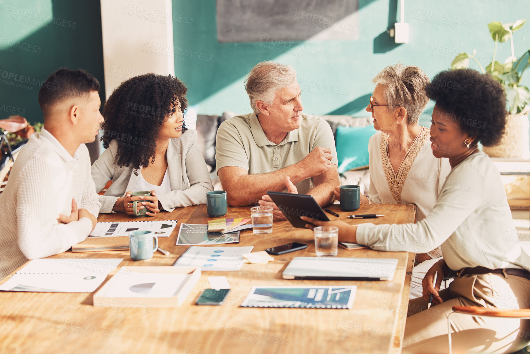 Buy stock photo Business people, meeting and planning for discussion with diversity, teamwork or brainstorming. Startup, team building and executive group with strategy, solidarity or vision for man, women and goal