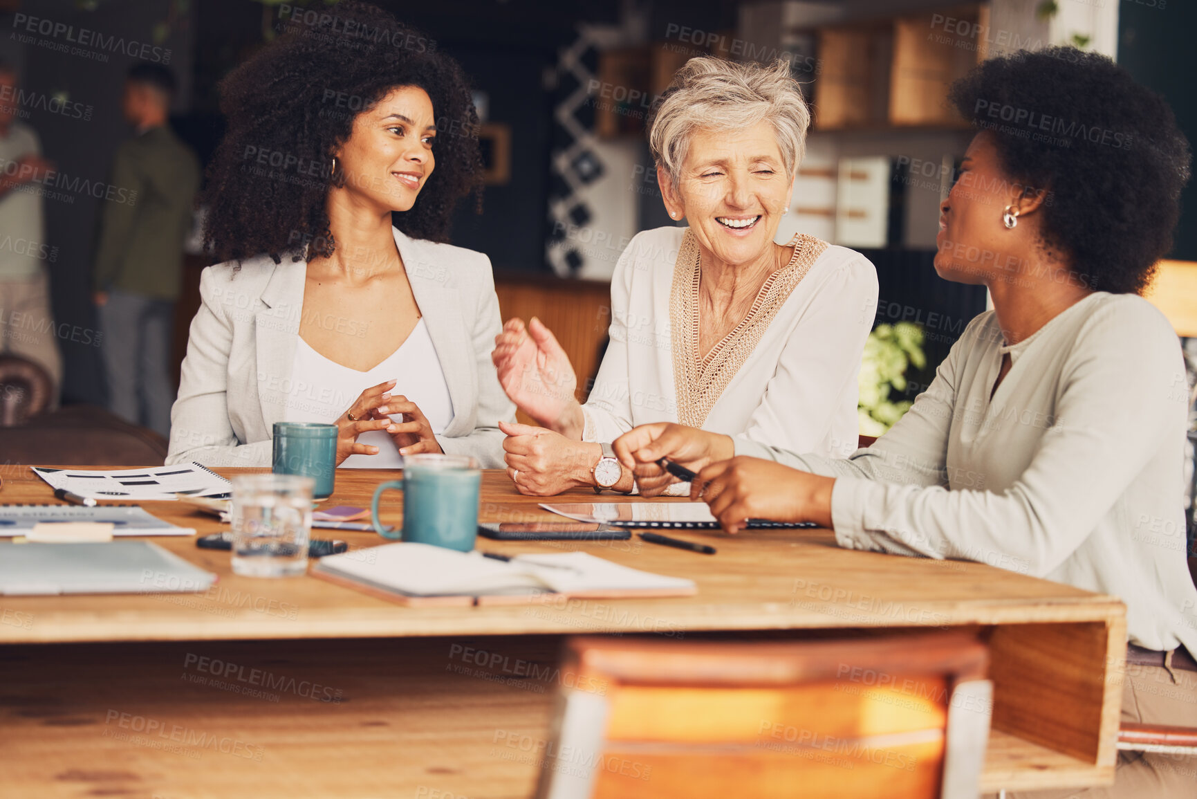 Buy stock photo Business women, cafe and meeting for strategy, proposal and collaboration with diversity. Senior executive, black woman and coffee shop discussion with ideas, teamwork and solidarity for company goal