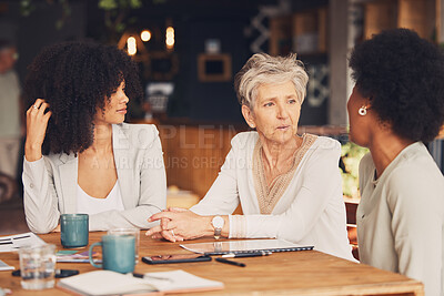Buy stock photo Business women, coffee shop and meeting for strategy, proposal and collaboration with diversity. Senior executive, black woman and cafe discussion with ideas, teamwork and solidarity for company goal