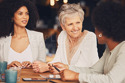 Buy stock photo Happy business women, coffee shop and meeting for strategy, collaboration and diversity in team. Senior executive, black woman and cafe discussion with ideas, teamwork and solidarity for company goal