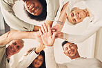 Happy business people, portrait or hands stack for company diversity, solidarity or startup collaboration. Corporate group, mission teamwork or below view of staff team building for community support