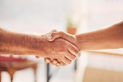 Buy stock photo Handshake, partnership and agreement with solidarity and team, onboarding and recruitment with people. Shaking hands, trust and hiring with thank you or congratulations, collaboration with meeting