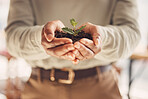 Ecology, soil and leaves with growth and hands, environment and nature for Earth Day awareness and agriculture. Growing, plant and sustainability with business man, fertilizer and farming closeup