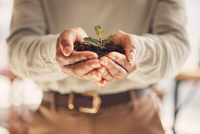 Buy stock photo Ecology, soil and leaves with growth and hands, environment and nature for Earth Day awareness and agriculture. Growing, plant and sustainability with business man, fertilizer and farming closeup