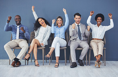 Buy stock photo Business people, diversity and celebration in waiting room for recruitment, winning or hiring success at the office. Happy group of intern candidates celebrating victory, win or achievement for hired