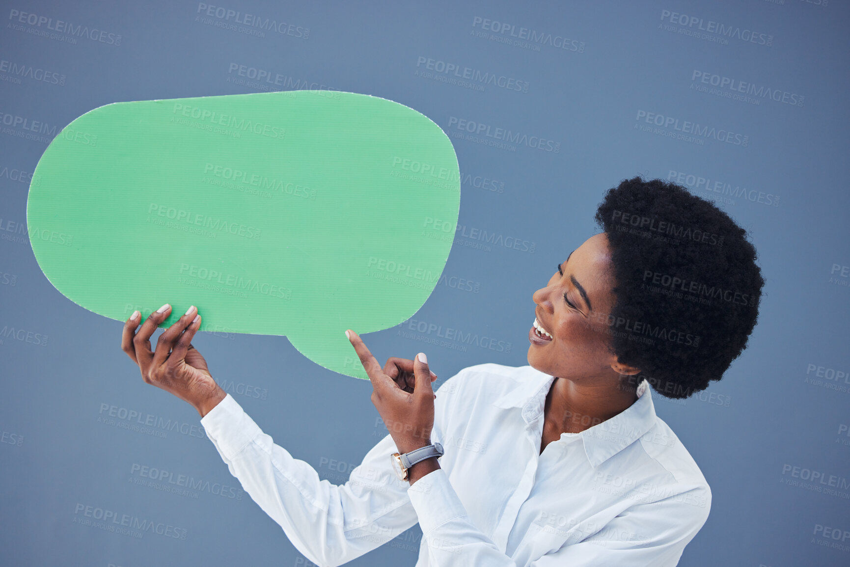 Buy stock photo Social media, speech bubble and mockup with a business black woman in studio on a gray background. Marketing, advertising and text space with a female employee holding a blank sign or placard