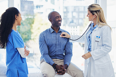 Buy stock photo Doctor woman, patient and stethoscope at consultation in hospital for healthcare or health insurance. Black man and professional nurse talking about cardiology, breathing and advice for healthy life