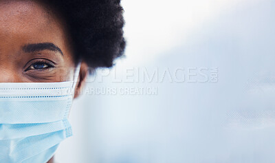 Buy stock photo Black woman in face mask, healthcare and covid with portrait, mockup space and medical compliance for safety. Health insurance, virus and ppe, cropped and pandemic with professional in medicine