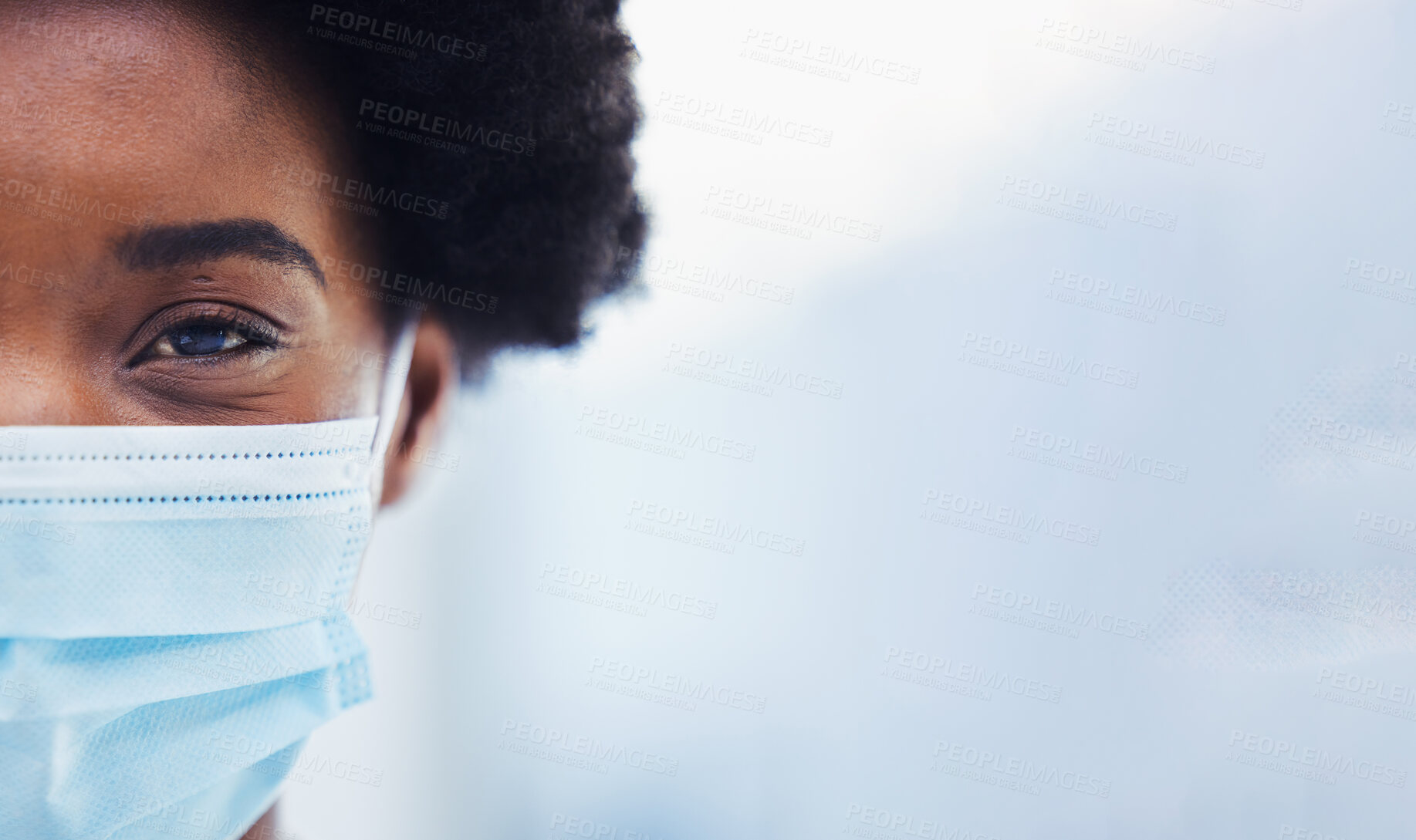 Buy stock photo Black woman in face mask, healthcare and covid with portrait, mockup space and medical compliance for safety. Health insurance, virus and ppe, cropped and pandemic with professional in medicine