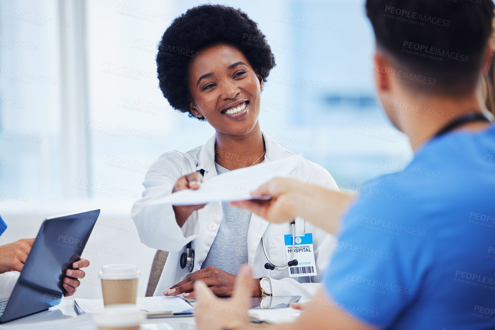 Buy stock photo Healthcare, black woman and doctors with documents, feedback and review for report, admin and success. Female employee, staff and medical professional with forms, details and research for procedure