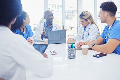 Buy stock photo Healthcare, leader and black man in meeting, staff and brainstorming for schedule, deadline and innovation. African American male, staff or group share ideas, laptop or teamwork for procedure or cure