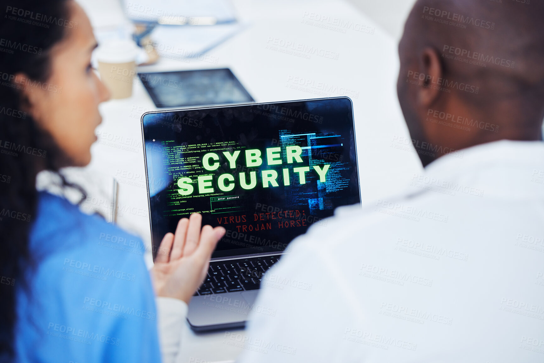 Buy stock photo Cyber security, laptop and hospital nurse doctors with tech problem, malware virus or trojan horse. Password phishing cybersecurity, system software risk and medical team with database archive breach