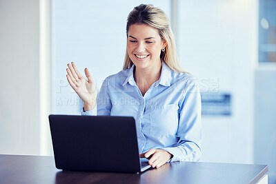 Buy stock photo Business, woman and laptop for video call, connection and webinar with employee, happiness and greeting. Female entrepreneur, lady and manager with device, online conference and smile in workplace