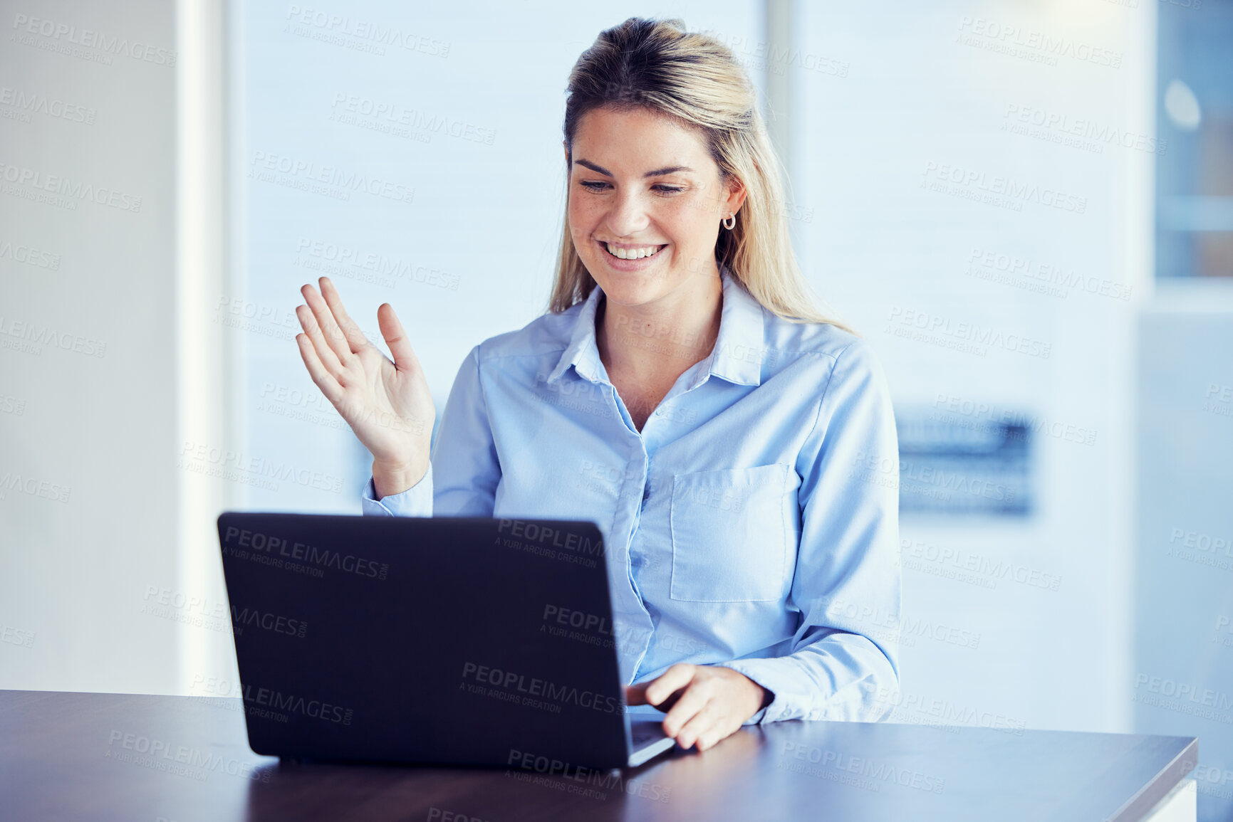 Buy stock photo Business, woman and laptop for video call, connection and webinar with employee, happiness and greeting. Female entrepreneur, lady and manager with device, online conference and smile in workplace