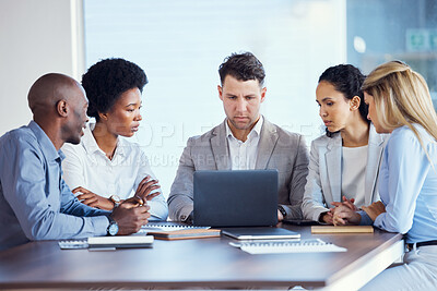 Buy stock photo Meeting, focus and business people on laptop in office for planning, marketing strategy and project management. Teamwork, collaboration and group of workers on computer for email, internet and ideas