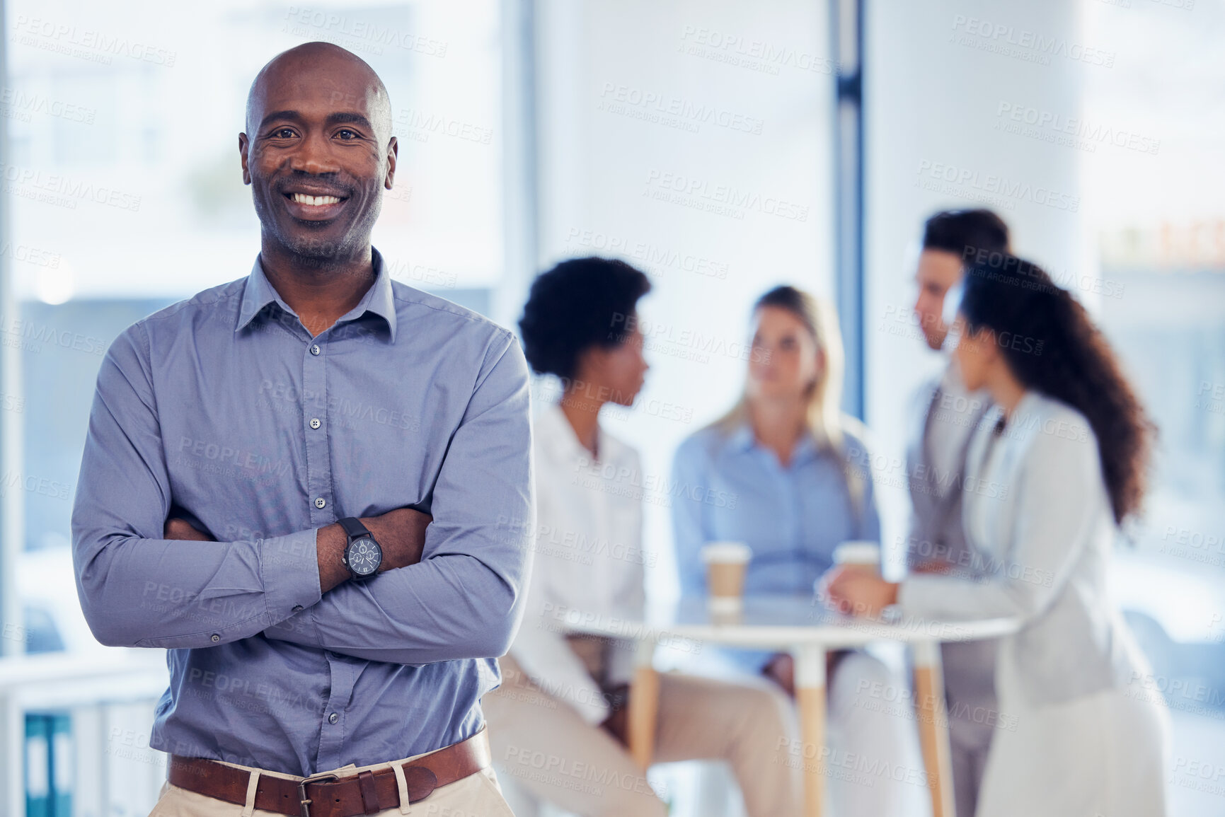 Buy stock photo Business man, office manager and portrait of a corporate leadership employee with a smile. Proud, blurred background and success of a management worker with motivation from team collaboration