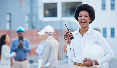 Buy stock photo Engineer, walkie talkie and black woman with hard hat, portrait and happiness for new project, real estate or success. Face, African American female manager or employee with communication and outdoor