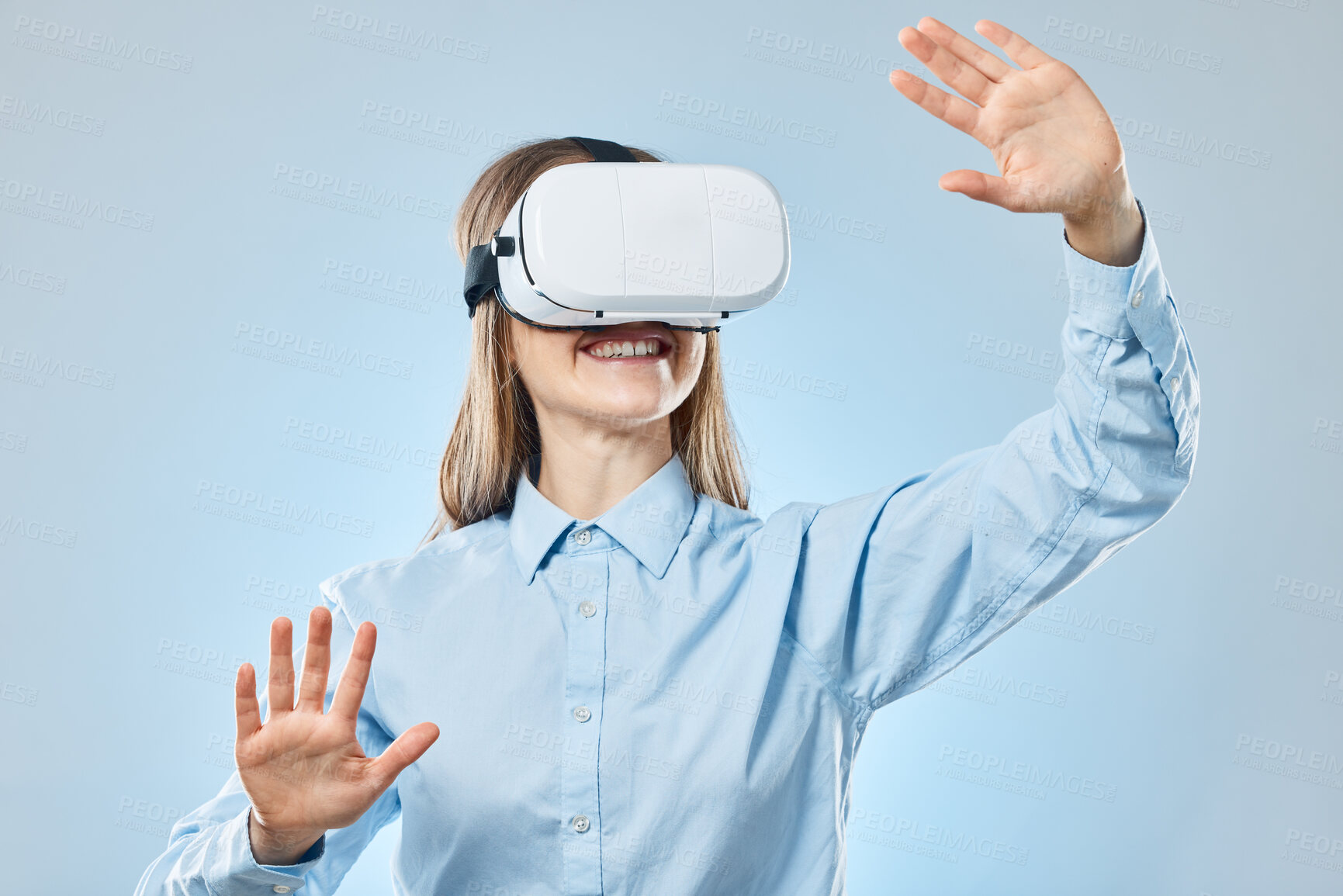 Buy stock photo Future, woman and virtual reality glasses for online planning and innovation against a blue studio background. Female employee, lady or consultant with vr, eyewear and futuristic with happiness