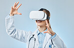 Vr, medical and research with doctor and headset for augmented reality, healthcare and virtual analysis. Future, cyber and technology with woman and 3d touch for expert, medicine or science in studio