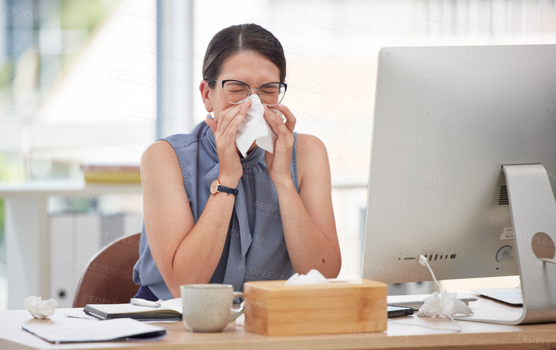 Buy stock photo Sick, computer and blowing nose with woman in office for virus, illness and allergy symptoms. Sneezing, disease and tissue with employee suffering with infection at desk for flu, fever and cold  