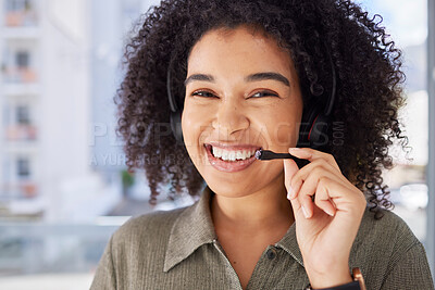 Buy stock photo Portrait, call center and black woman with smile, success and training for telemarketing, headset and customer service. Face, African American female employee and happy consultant for tech support