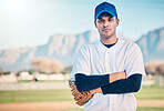 Sports, baseball and portrait of man with glove on field ready for game, practice and competition. Fitness, motivation and male athlete with confident mindset for exercise, training and workout