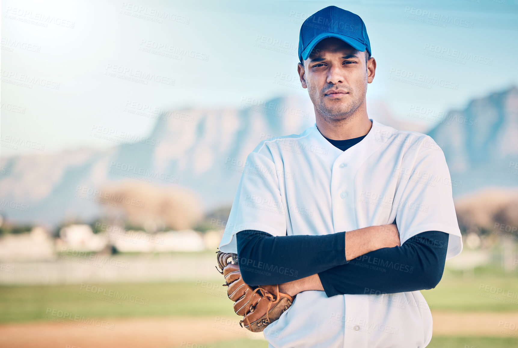 Buy stock photo Sports, baseball and portrait of man with glove on field ready for game, practice and competition. Fitness, motivation and male athlete with confident mindset for exercise, training and workout