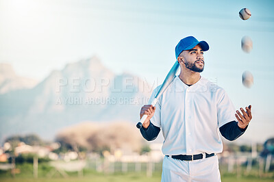 Sports, baseball and man with ball and bat on field ready for game, practice and competition. Sport mockup, fitness action and male athlete outdoors for exercise, training and workout for match