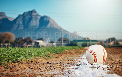 Sports mockup, baseball and ball on ground ready for game, practice and competition outdoors. Fitness, sport copy space and softball equipment on field for exercise, training and workout for match