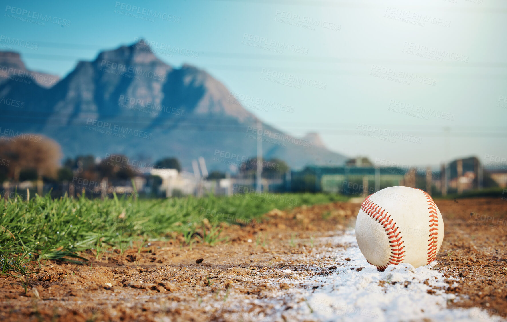 Buy stock photo Sports mockup, baseball and ball on ground ready for game, practice and competition outdoors. Fitness, sport copy space and softball equipment on field for exercise, training and workout for match