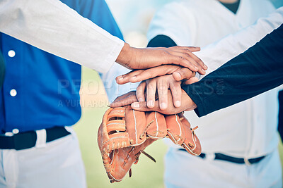 Buy stock photo Hands together, baseball team and sport community support of softball group outdoor. Collaboration, teamwork and solidarity of sports people motivation on field for fitness, exercise and workout