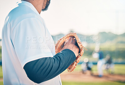 Buy stock photo Baseball, pitcher and fitness with man on field for throwing, training and practice in competition match. Workout, focus and skills with athlete playing in park stadium for exercise, league and game